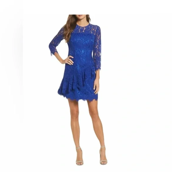 Eliza J | Dresses | Euc Womens Eliza J Royal Blue Lace 34 Sleeve Ruffle  Cocktail Dress 2 | Poshmark